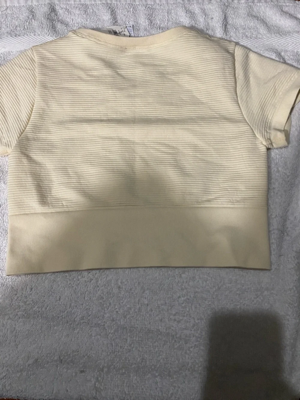 Ribbed Short Sleeve Crop Top in Pale Yellow - Picture 2 of 3